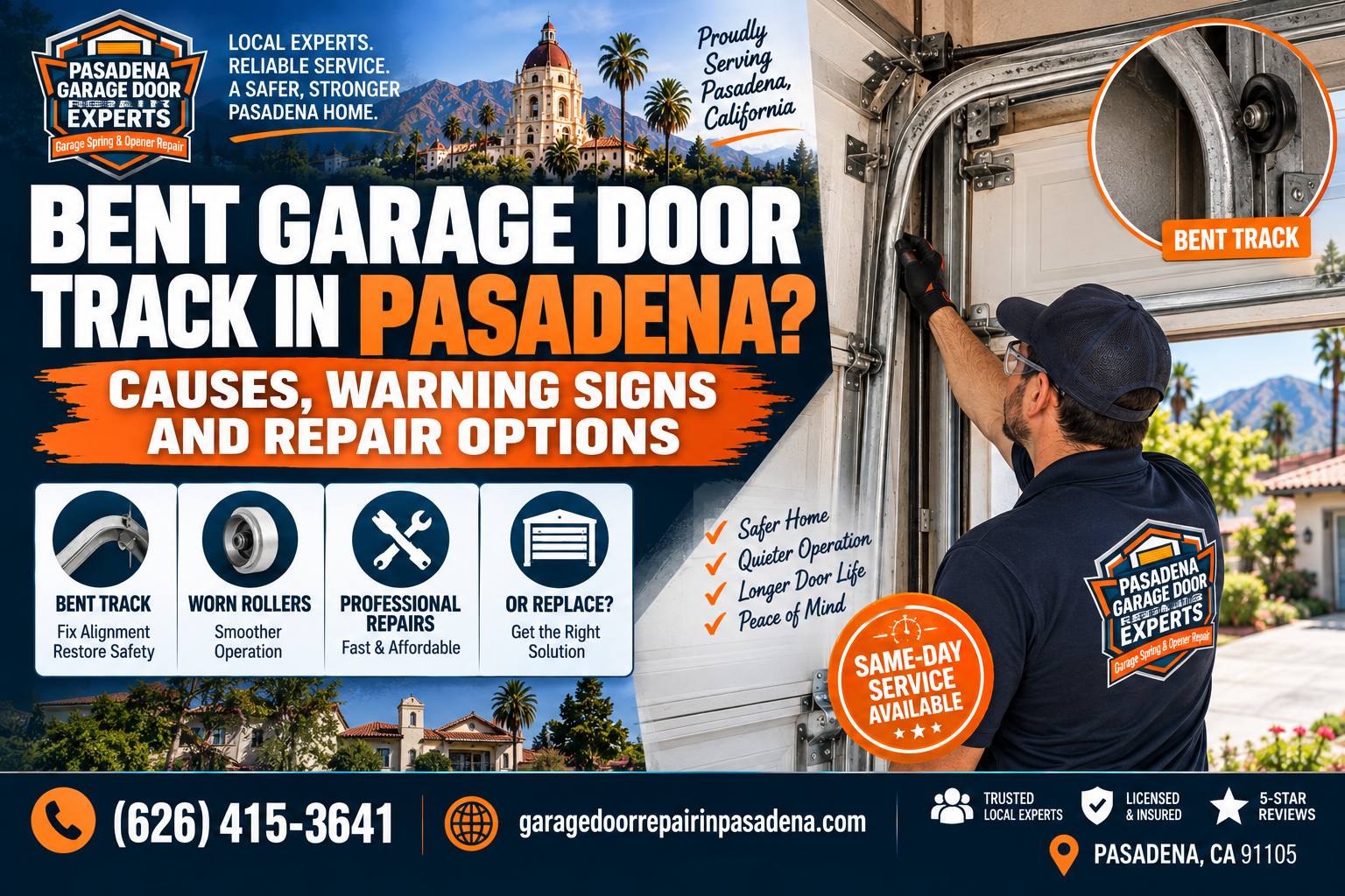 Bent garage door track in Pasadena showing warning signs causes and repair options