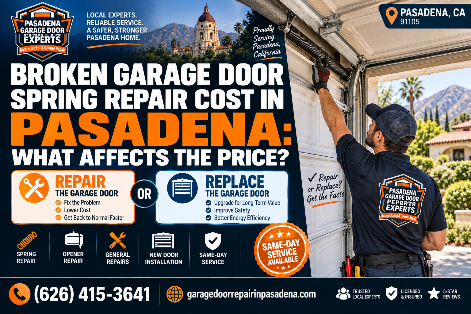 Broken garage door spring repair cost in Pasadena showing factors that affect spring replacement price