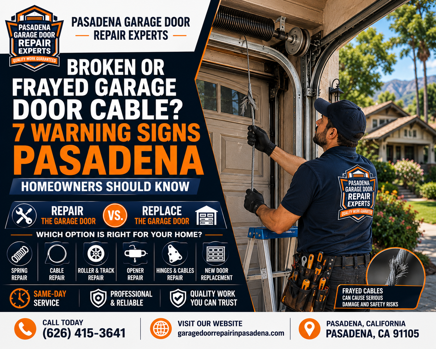 Broken or frayed garage door cable warning signs for Pasadena homeowners