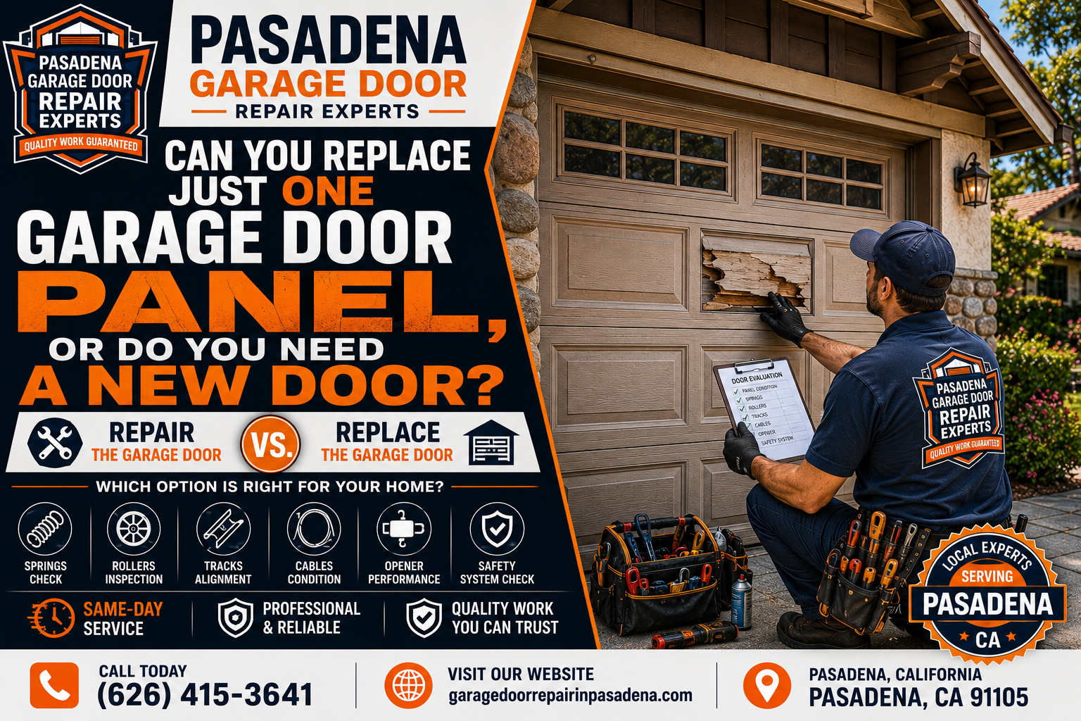 Damaged garage door panel in Pasadena showing when one section can be replaced instead of the complete door