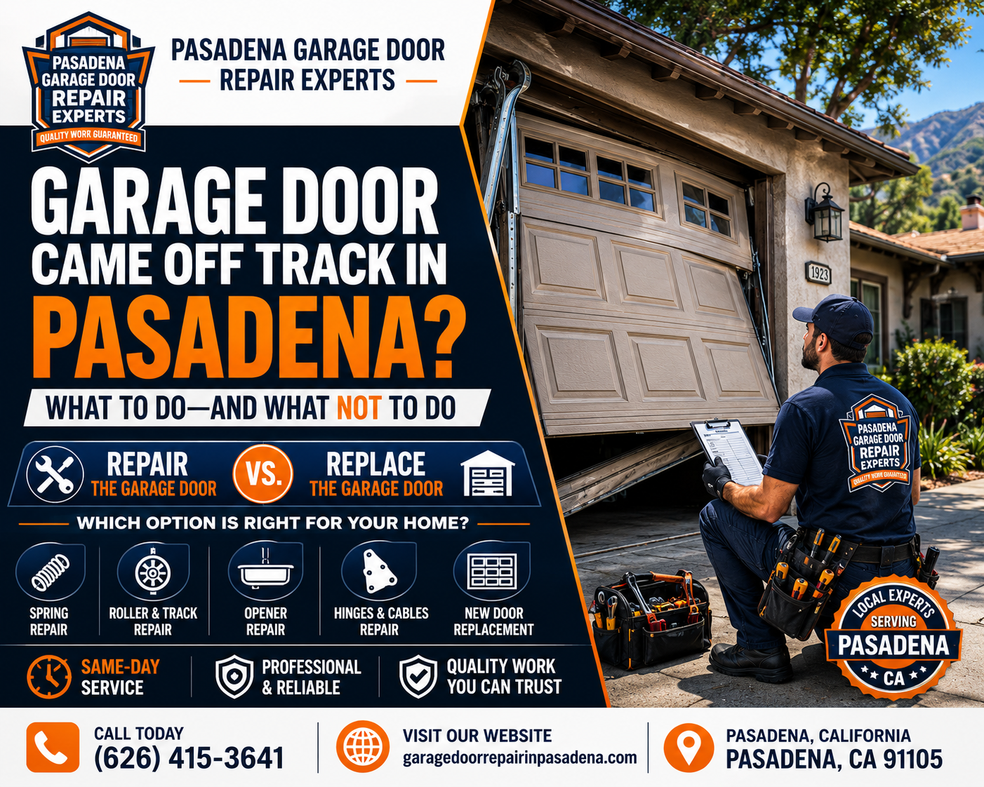 Garage door off track in Pasadena with technician inspecting rollers cables and track alignment