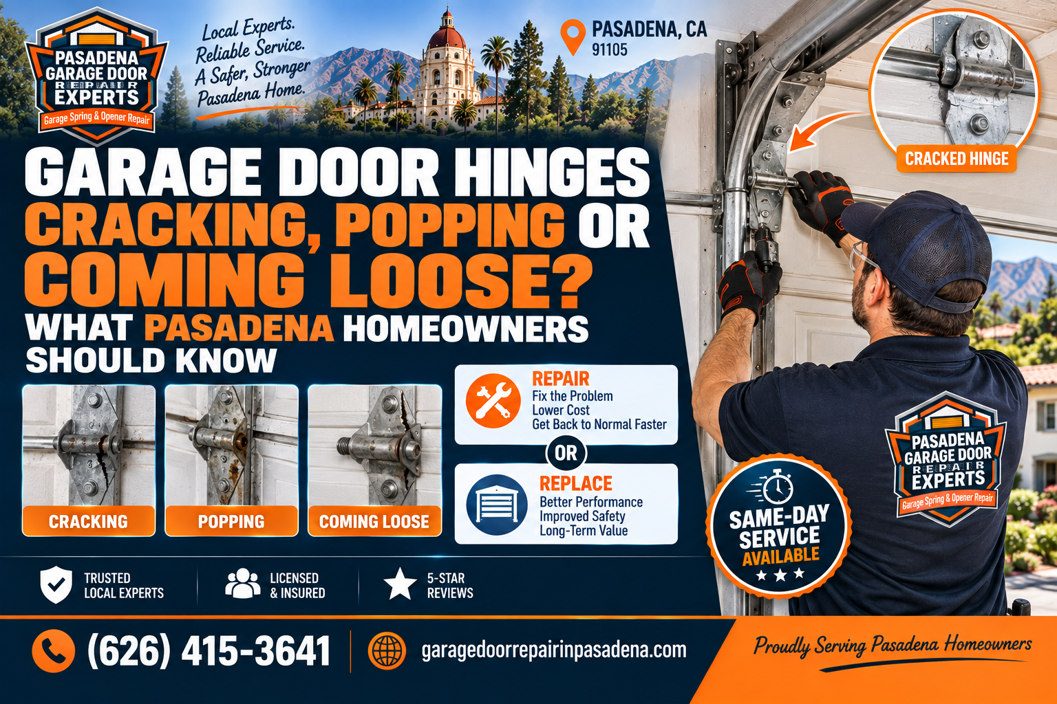 Garage door hinges cracking popping and coming loose on a Pasadena residential garage door