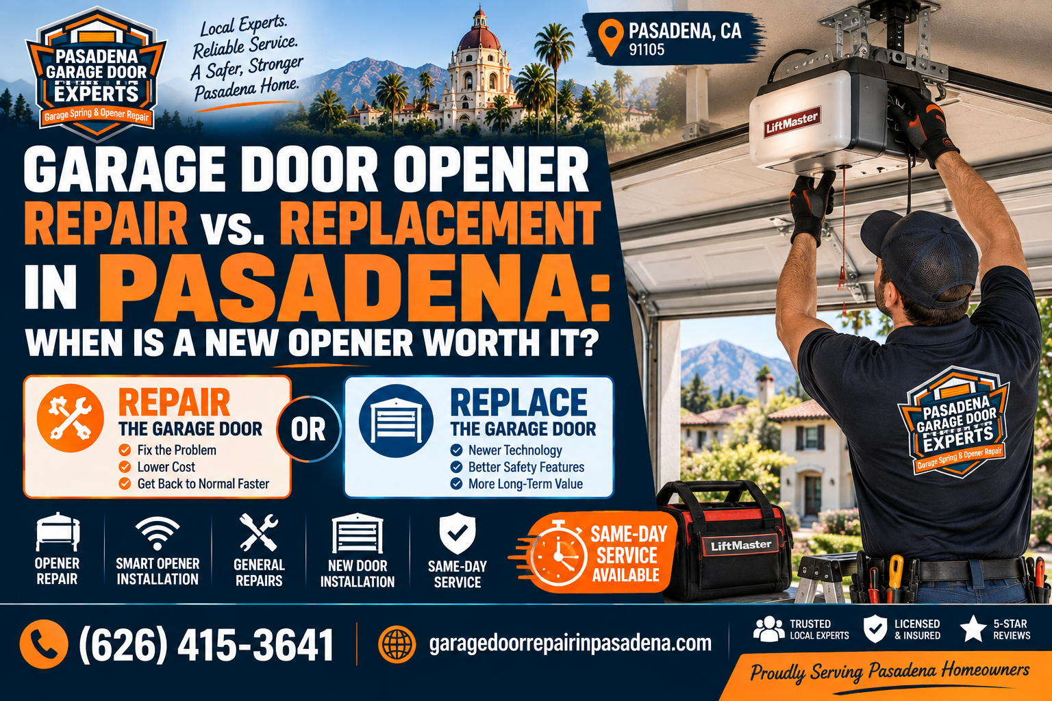 Garage door opener repair versus replacement in Pasadena showing when installing a new opener may be worthwhile