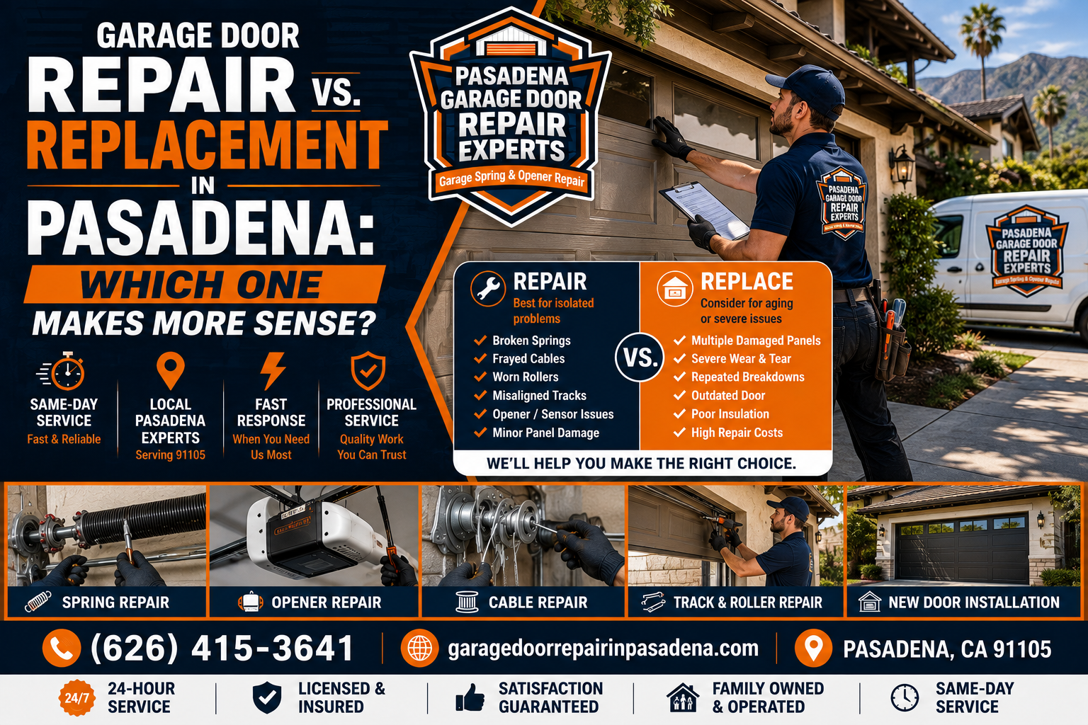 Pasadena Garage Door Repair Experts technician comparing garage door repair versus replacement options at a Pasadena home