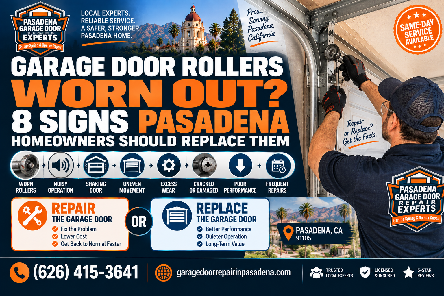 Worn garage door rollers showing eight replacement warning signs for Pasadena homeowners