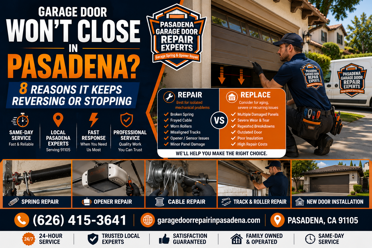 Pasadena Garage Door Repair Experts technician diagnosing a residential garage door that keeps reversing instead of closing in Pasadena, California