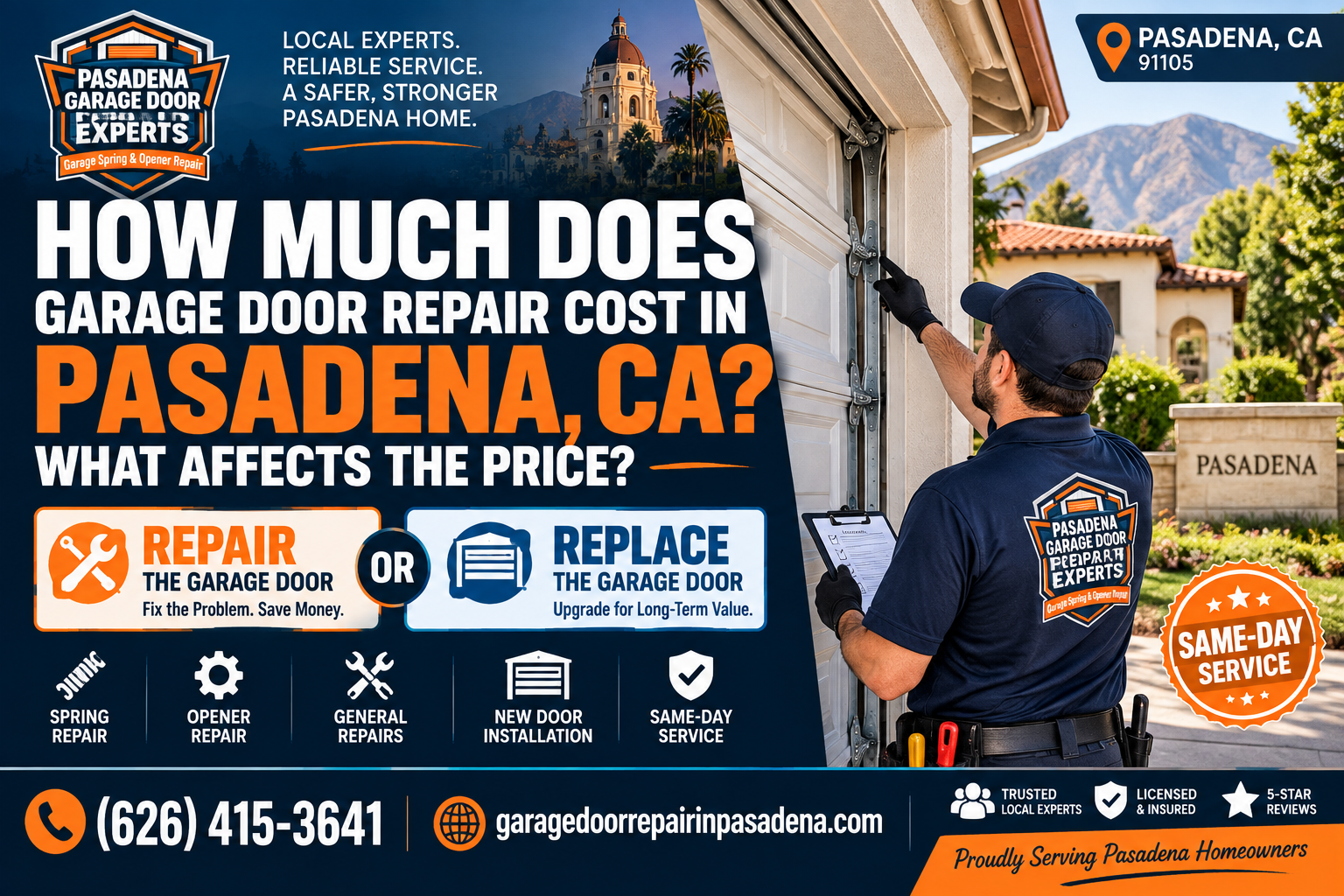 Garage door repair cost in Pasadena California showing factors that affect repair price