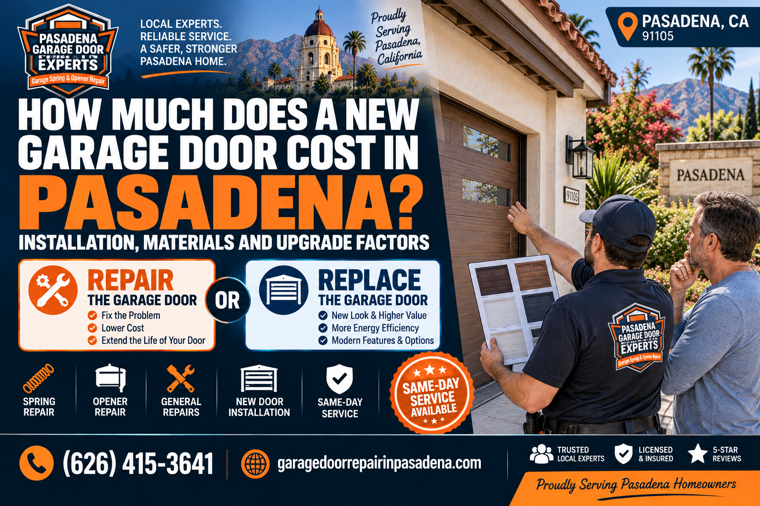 New garage door cost in Pasadena showing installation materials insulation windows and upgrade factors