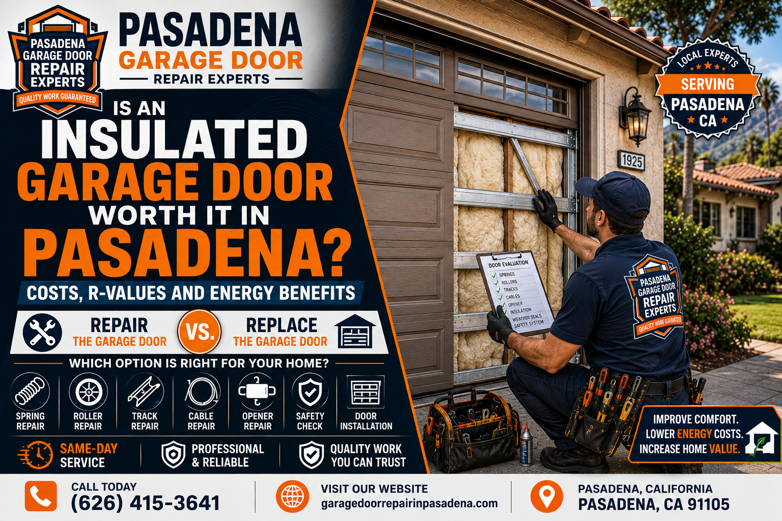 Insulated garage door in Pasadena comparing R-values costs and energy benefits for homeowners