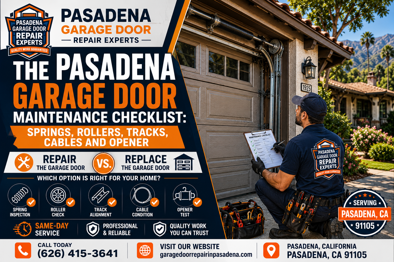 Pasadena garage door maintenance checklist covering springs rollers tracks cables and garage door opener
