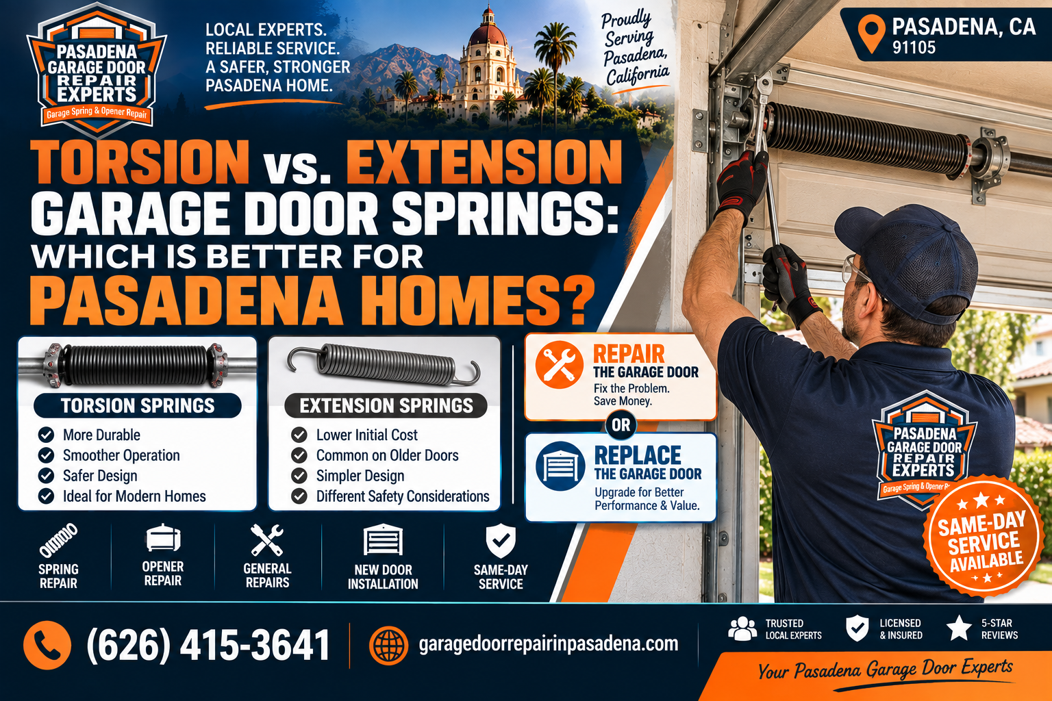 Torsion vs extension garage door springs compared for Pasadena California homes