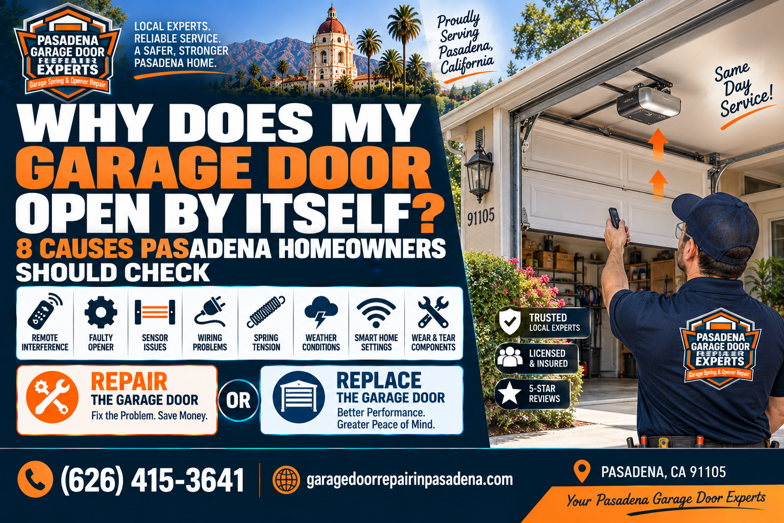 Garage door opening by itself in Pasadena with eight possible opener and control causes