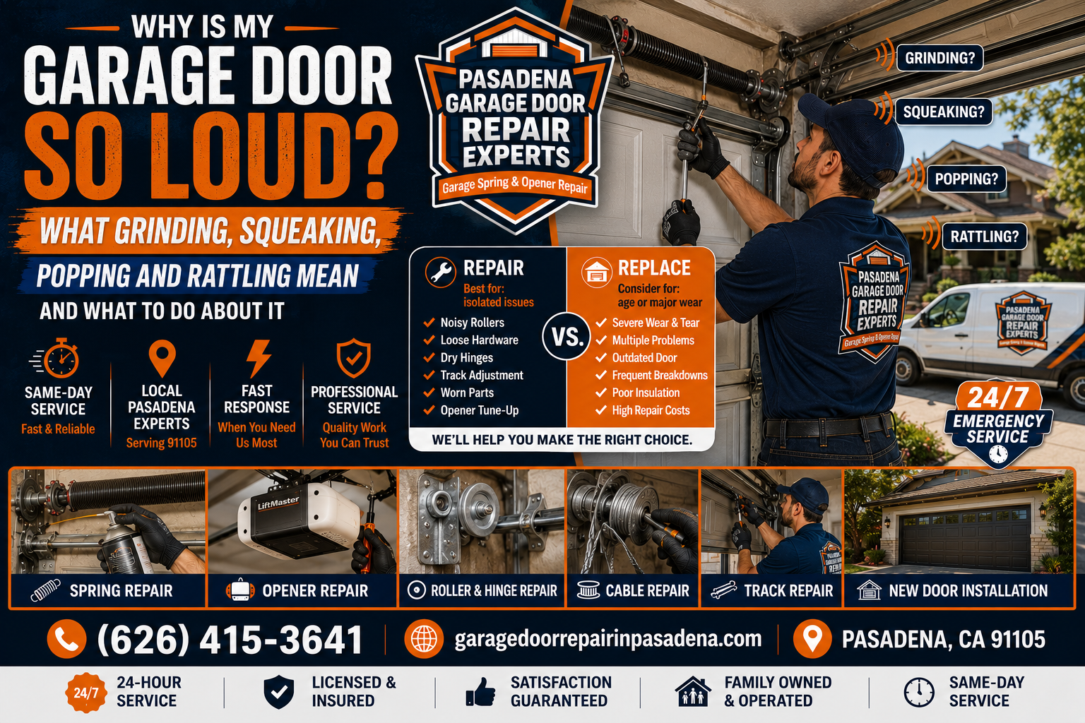 Noisy garage door troubleshooting guide for grinding squeaking popping and rattling sounds in Pasadena