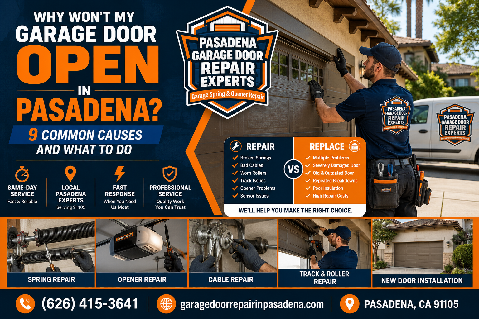 Pasadena Garage Door Repair Experts technician diagnosing a residential garage door that will not open in Pasadena, California