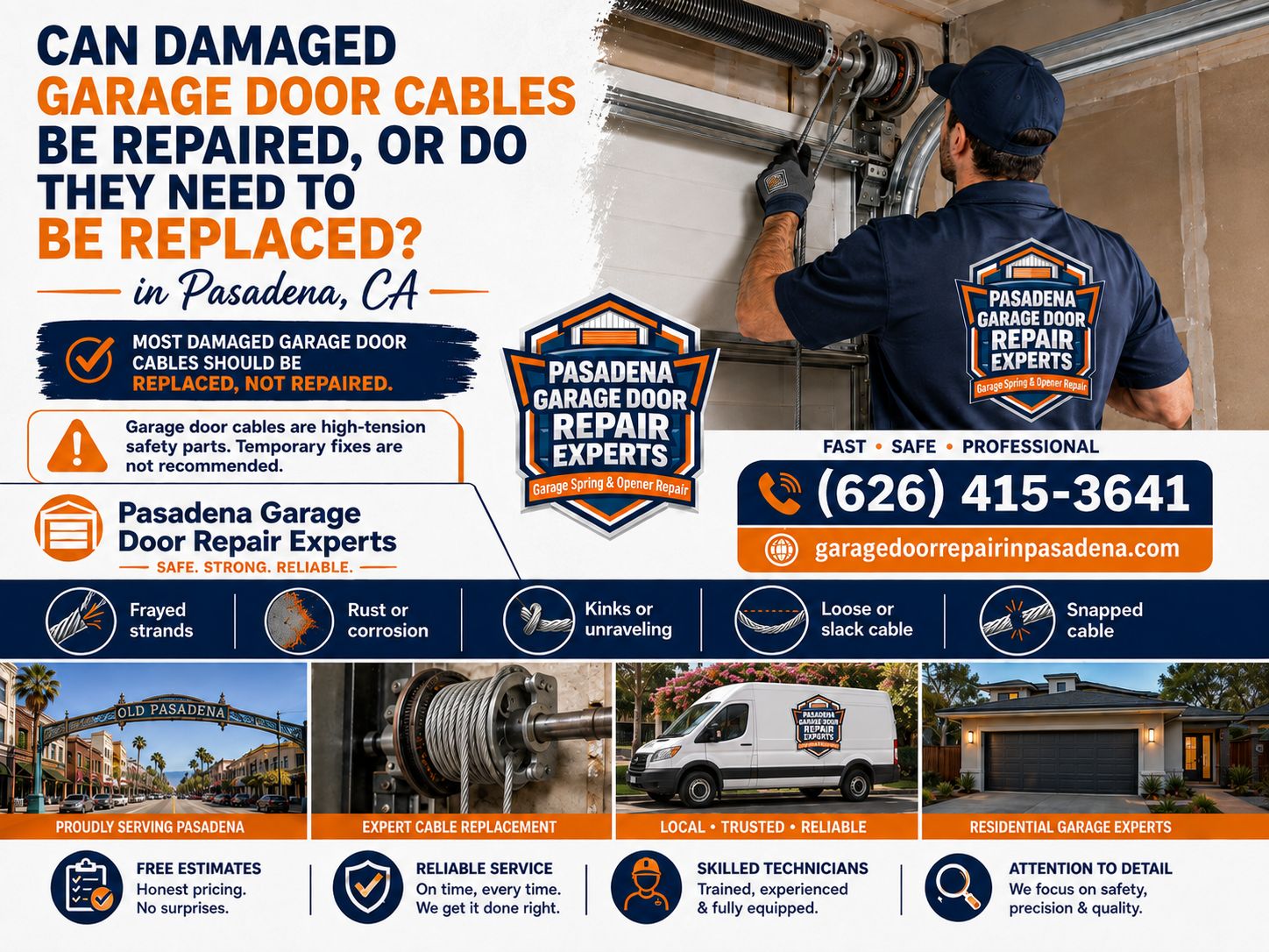 Can damaged garage door cables be repaired, or do they need to be replaced?