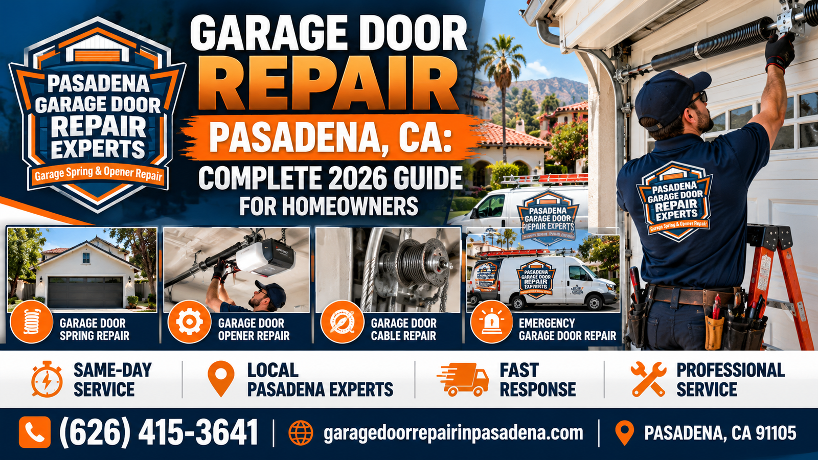 Garage door repair in Pasadena, CA: technician servicing a residential garage door spring, cables, and opener