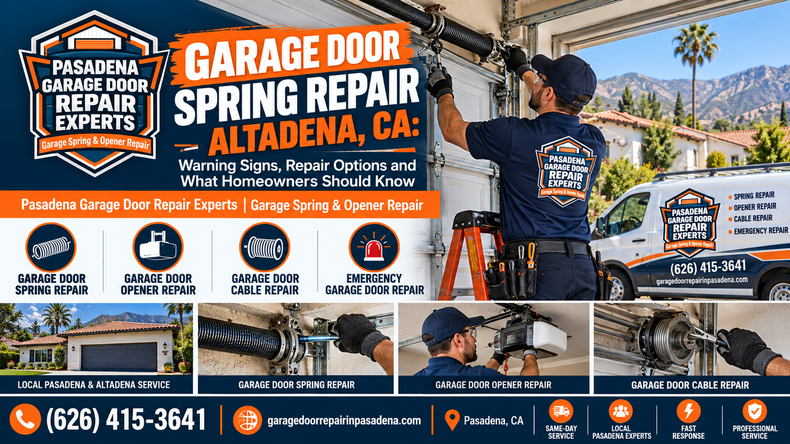Technician inspecting a torsion spring above an Altadena garage door after a sudden spring failure
