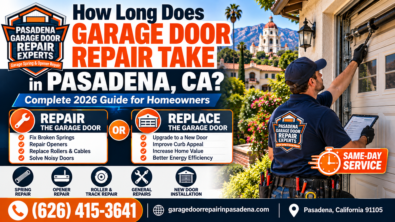 How long garage door repair takes in Altadena, CA: technician working on a residential foothill garage door