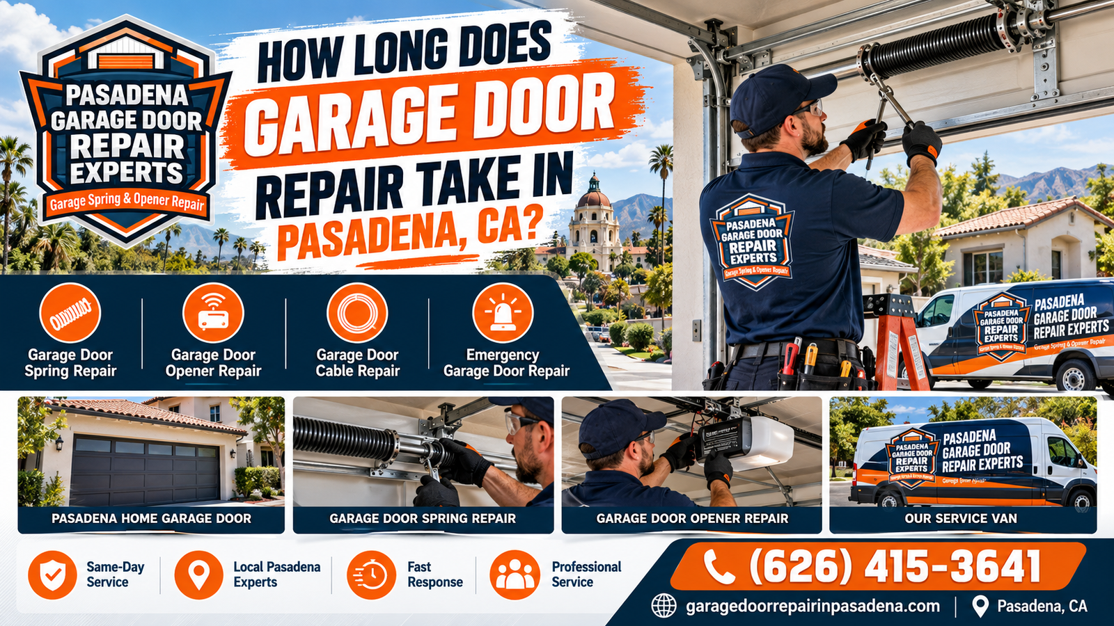 How long garage door repair takes in Pasadena, CA: technician working on a residential garage door