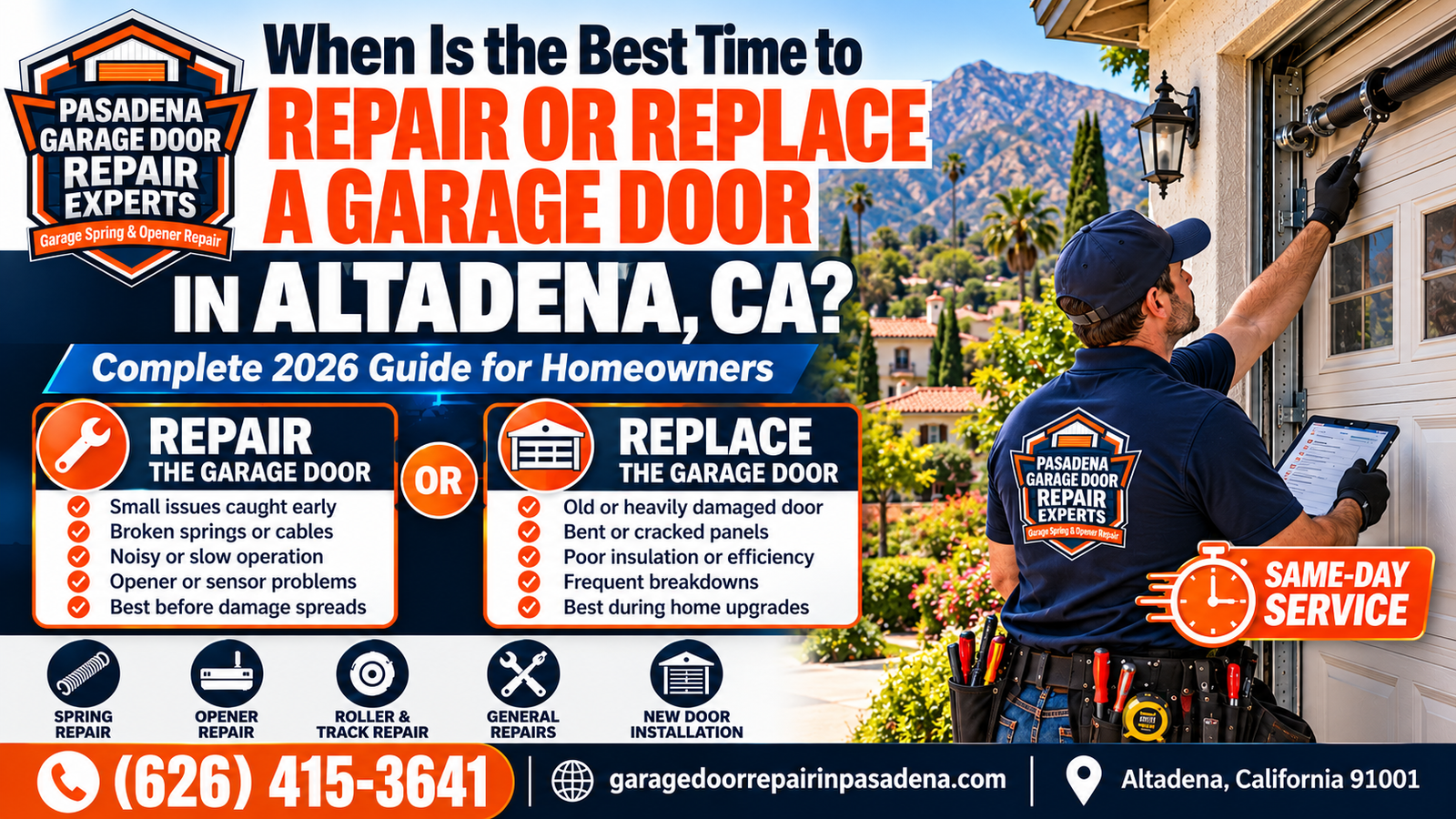 Altadena homeowner and technician checking a foothill garage door to decide whether to repair it now or plan a replacement