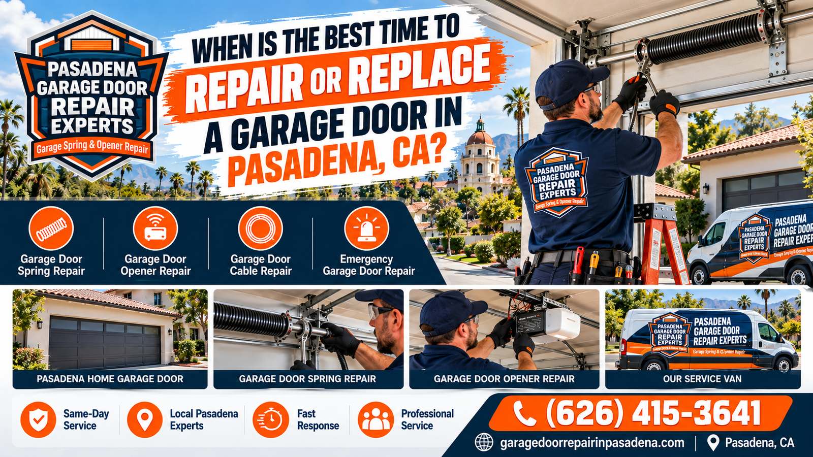 Pasadena homeowner and technician checking a garage door to decide whether to repair it now or plan a replacement
